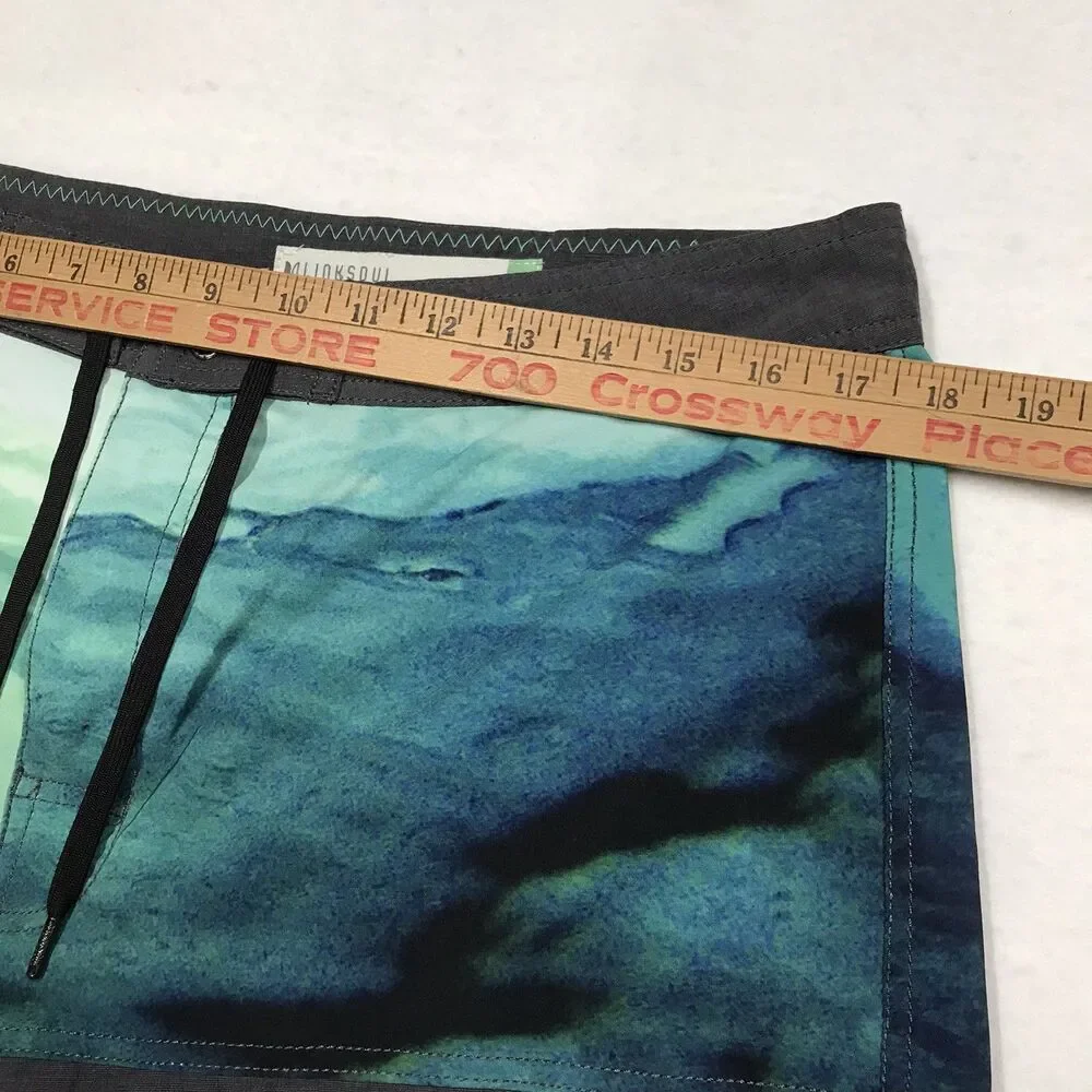 LINKSOUL Swim Board Trunks Men 34 Gray Green Blue Print Unlined Drawstring